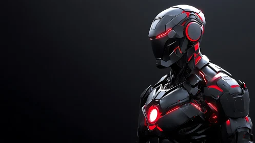 Neo-chrome sentry in obsidian armor and ember circuitry.