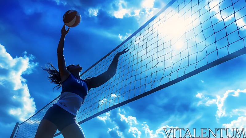 Outdoor volleyball player jumps near net under bright sky.