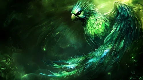 Majestic green fantasy bird in vibrant digital art style.
