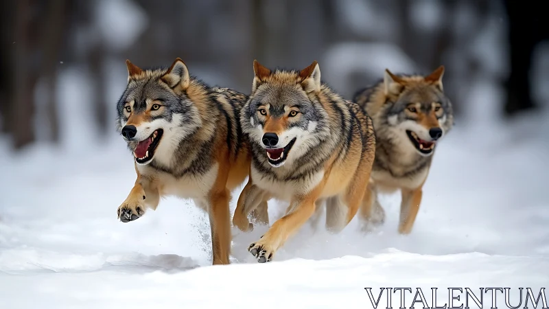 Playful wolf pack dashing through soft winter snow together.