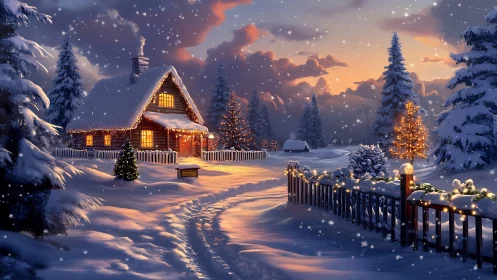 Snowlit cabin glows under twilight skies and drifting hush.