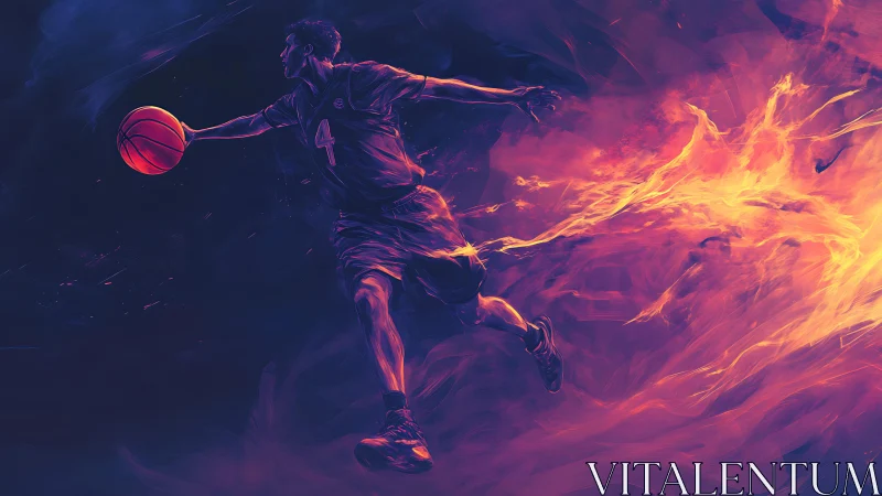 Digital painting of dynamic basketball player in neon flames.