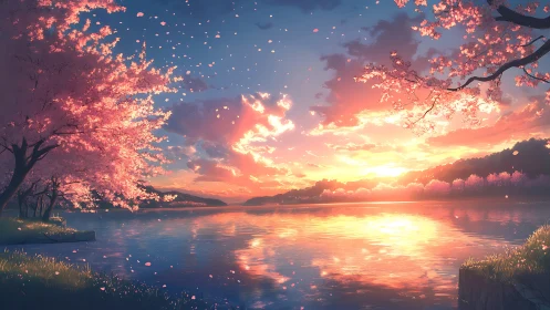 Cherry blossom lake at sunset with drifting petals.