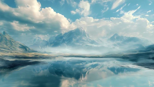 Ethereal glacial mountains mirrored in tranquil alpine lake.