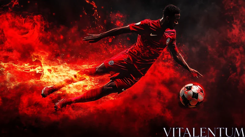 Soccer player in midair kick framed by stylized red flames