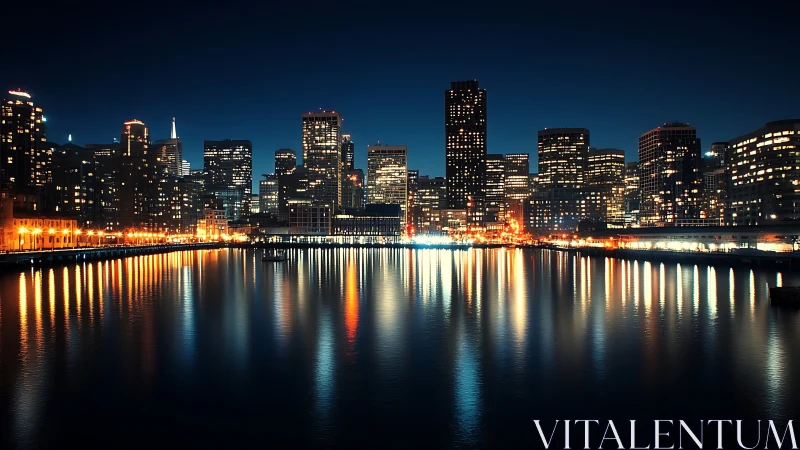 Urban waterfront skyline at night with reflected lights.