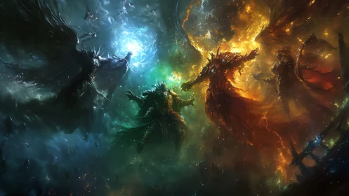 Elemental armored beings locked in violent cosmic clash.
