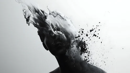 Surreal monochrome bust dissolving into smoke and shards.