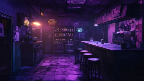 Neon lit empty bar interior with moody purple lighting.