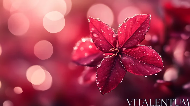 Crimson blossom glows among bokeh-lit drops of morning dew.