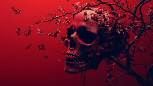 Crimson skull garden blooming with restless butterflies.