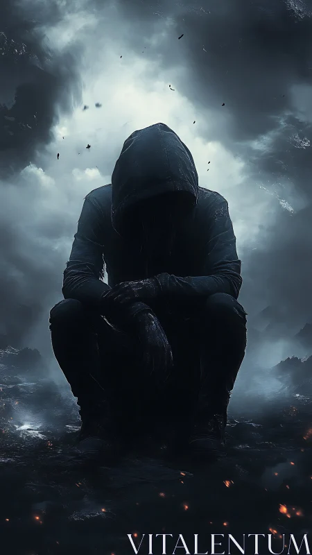 Hooded figure seated in dark, foggy landscape at night.