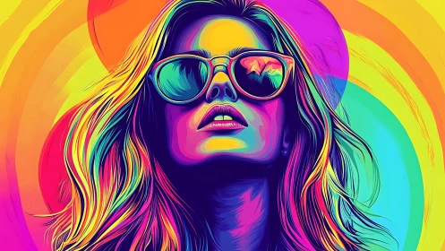 Bold neon portrait of a confident woman in sunglasses.