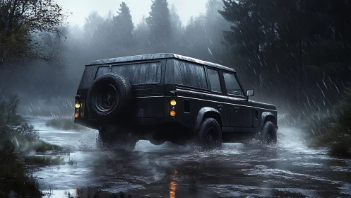 Off-road utility vehicle traverses flooded forest trail in heavy rain