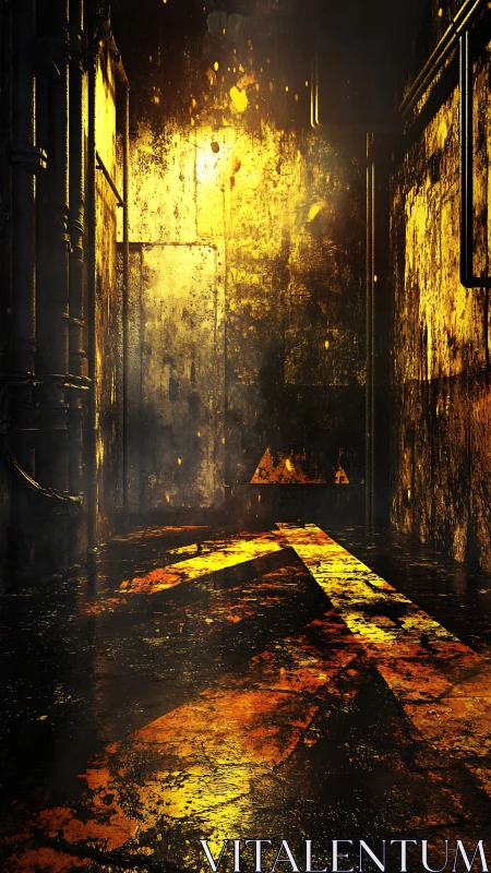 Atmospheric alleyway rendered with volumetric golden light and rust texture