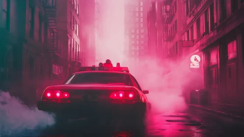Retro police cruiser exits vapor-filled alley under neon glow
