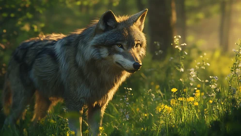 Sunlit meadow wolf pausing between shadows and wildflowers.
