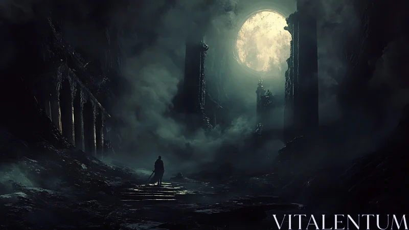 Lone wanderer crossing moonlit ruins wrapped in mist.