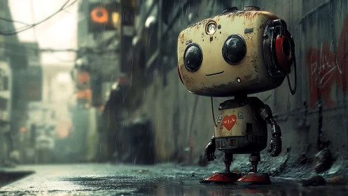 Rain-soaked alley robot with weathered chassis and heart decal.