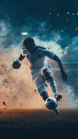 Soccer player striking ball amid smoke on floodlit pitch.