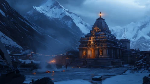 Snowbound mountain temple structure emits localized warm light