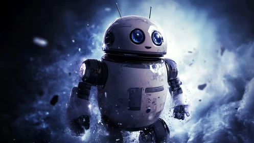 Spherical service robot rendered in high contrast volumetric light