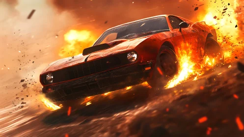 Muscle car drifts through explosive firestorm in cinematic slow motion