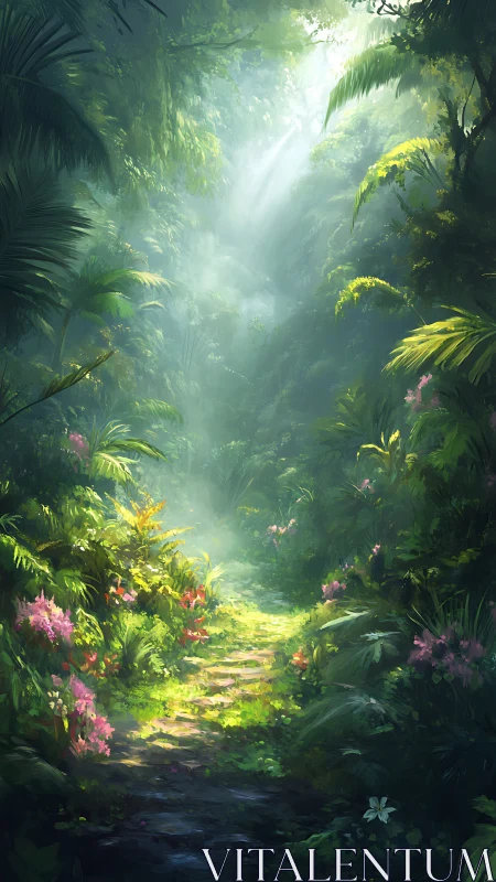 Digital forest pathway with filtered sunlight illuminating lush jungle vegetation