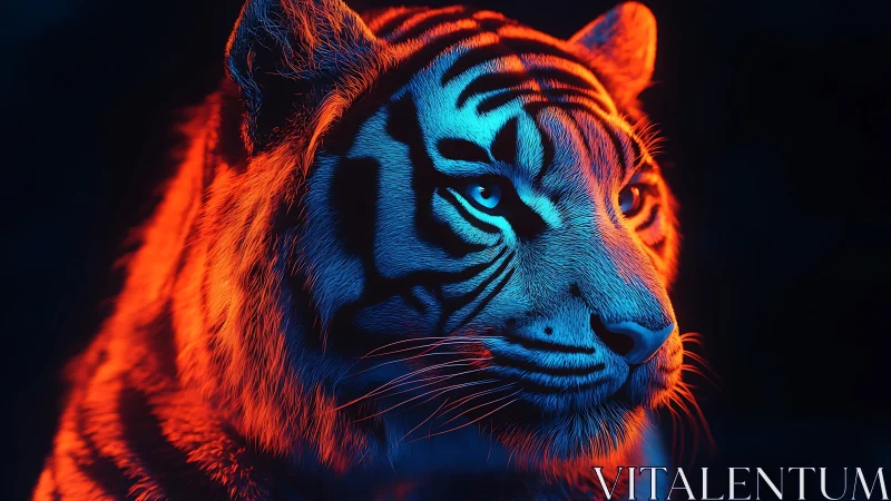 Neon twilight crowns a tiger with electric fire and frost