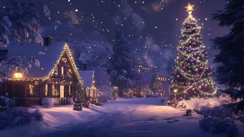 Snow covered village street shows lit cabins and tall tree
