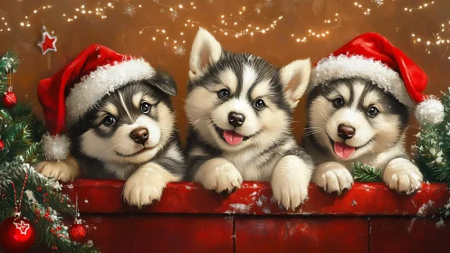 Three husky puppies wear Santa hats in festive setting