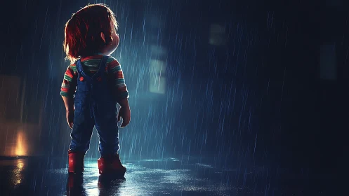 Backlit toy figure in rain-soaked alley, cinematic 3D render