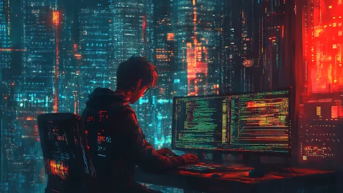 Neon-soaked coder at ultrawide desk in cyberpunk skyline.