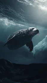 Arctic seal rendered underwater with volumetric light and caustics
