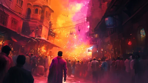 Crowded alleyway dissolves into luminous festival smoke and sparks