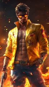 Flame-jacket outlaw strides through molten midnight blaze.