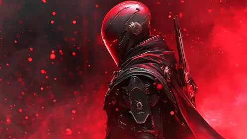 Armored cybernetic warrior strides through red nebula haze.