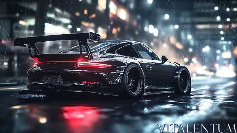 Wide-body sports coupe on wet city street at night.