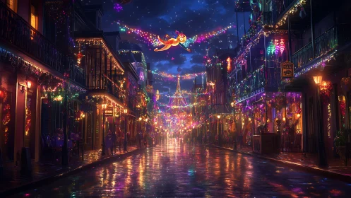 Night street scene shows wet pavement and dense festoon lights