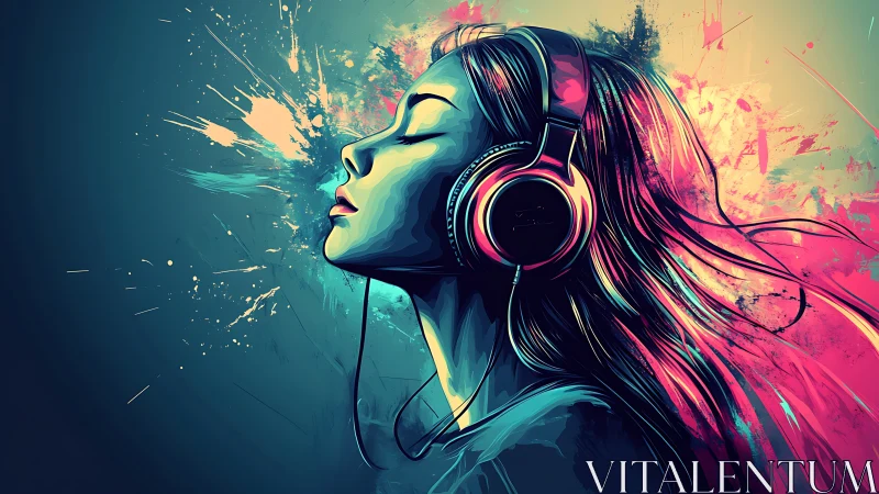 Woman in headphones against neon abstract paint splashes.