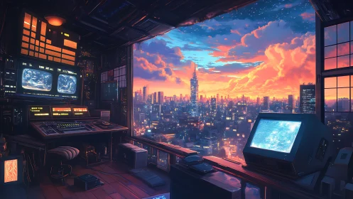 Retro-futuristic control loft overlooking neon city at dusk