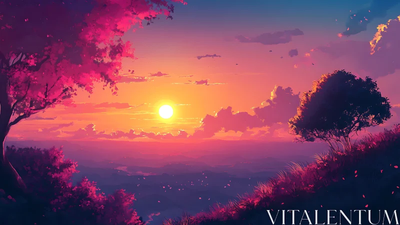 Sunset sky bathes rolling valley and hilltop trees in magenta light