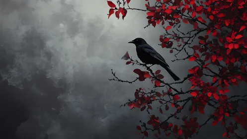 Black crow on red leaved branches against gray sky.