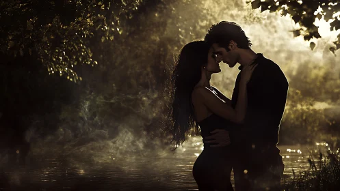 Romantic couple shares intimate moment in golden riverside light.