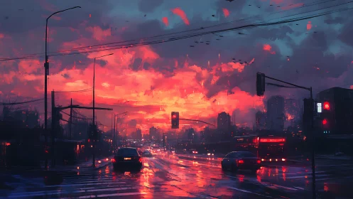 Wet urban intersection captures neon sunset with reflective lighting