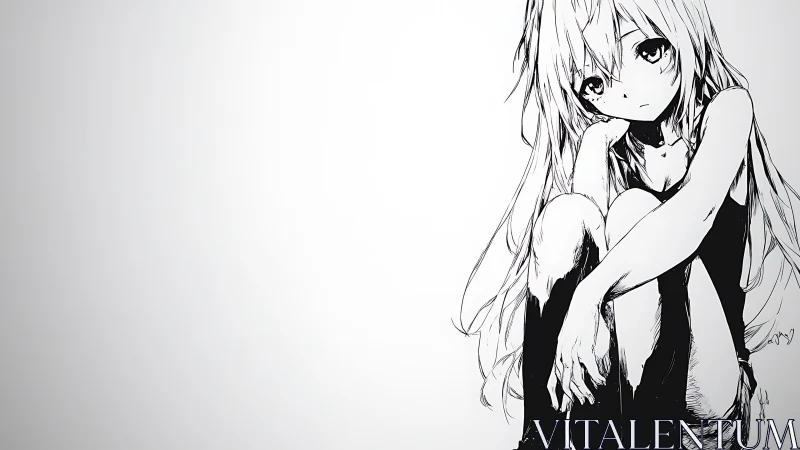 Melancholic anime girl sketch on stark white negative space