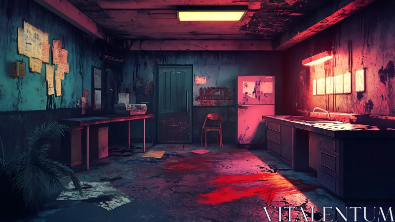 Moody neon-lit kitchen where mystery lingers quietly.