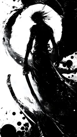 Ink silhouette swordsman in dynamic monochrome composition.