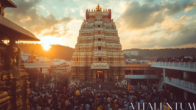 Golden Hindu temple tower glows against dramatic sunset sky