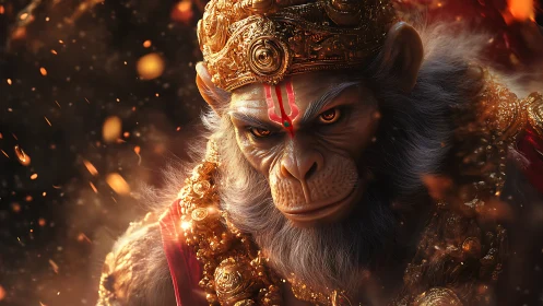 Mythic simian warrior rendered in ember lit digital realism.